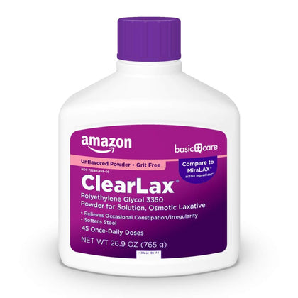 Amazon Basic Care ClearLax Polyethylene Glycol 3350 Powder for Solution, Osmotic Laxative, Relieves Occasional Constipation, Unflavored, 1.68 Pound (Pack of 1)