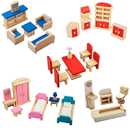 Giragaer Wooden Dollhouse Furniture 5 Set, Wood Doll House Miniature Bathroom/Living Room/Dining Room/Bedroom/Kitchen House Furniture Doll Decoration Accessories Pretend Play Kids Toy Colorful