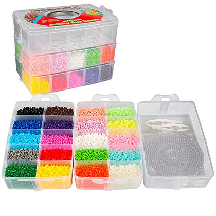 Fuse Beads 20,000 Bulk Creativity Builder Kit- 20 Presorted Muli Colors (5 Glow Dark) w Tweezers, Peg Boards, Melt Ironing Paper, Case - Works with Perler, Pixel Art Craft Project, Kids Holiday Party