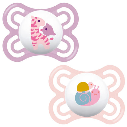 Redify Perfect Soothers 0+ Months (Pack of 2), Thinner and Softer Baby Soothers with Self Sterilising Travel Case, Newborn Essentials, Pink (Designs May Vary)