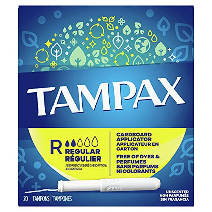 Tampax Cardboard Applicator Tampons, Regular Absorbency, 20 Count, Pack of 4