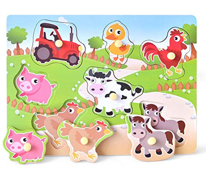 Wooden Puzzles Farm Chunky Baby Puzzles Peg Board, Full-Color Pictures for Preschool Educational Jigsaw Puzzles, 7Pieces