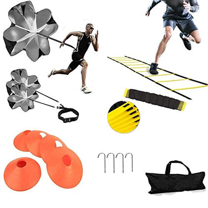 Speed Agility Training Kit-12 Rung 20Ft Agility Ladder, 5 Round Training Cones,Resistance Parachute, 4 metal Stakes & Carrying bag, football ladders for Faster Footwork and Better Movement Skills