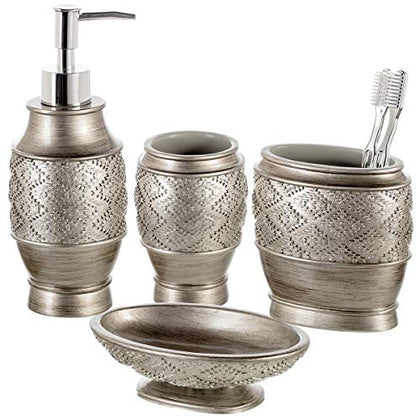 Creative Scents Decorative Bathroom Accessories Set Brushed Silver - 4 Piece Bathroom Set Includes: Soap Dispenser, Toothbrush Holder, Soap Dish and Tumbler, in Beautiful Gift Box (Dublin)