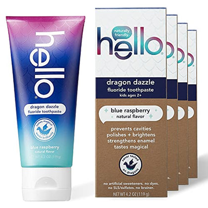 hello Kids Dragon Dazzle Blue Raspberry Fluoride Toothpaste, Vegan & SLS Free, 4.2 Oz, 4 Count
