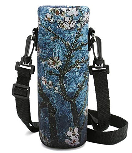 RICHEN Neoprene Water Bottle Carrier Bag with Adjustable Shoulder Strap,Insulated Water Bottle Cover for 500ml/16oz Stainless Steel/Glass/Plastic Bottles (Apricot Flowers,500ML)