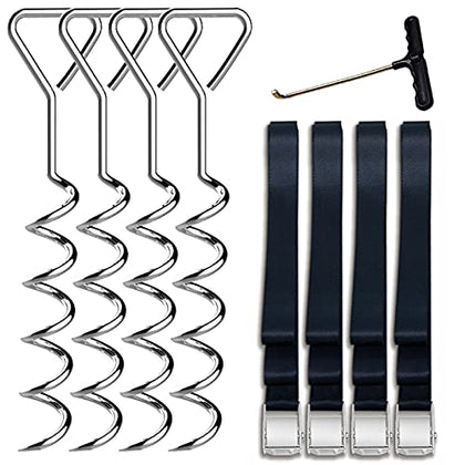 Eurmax USA Trampoline Stakes Heavy Duty Trampoline Parts Corkscrew Shape Steel Stakes Anchor Kit with T Hook for Trampolines -Set of 4 Bonus 4 Strong Belt,Silver