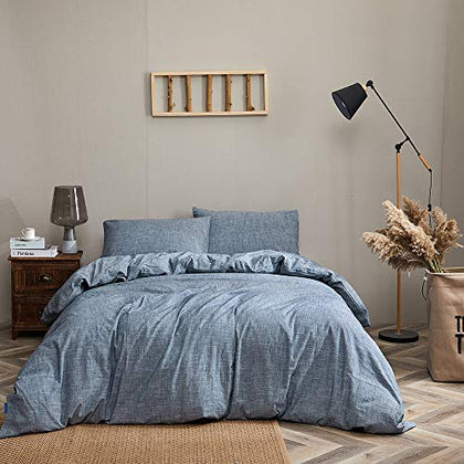 BFS HOME Stonewashed Cotton/Linen Duvet Cover King, 3-Piece Comforter Cover Set, Breathable and Skin-Friendly Bedding Set (Navy, King)