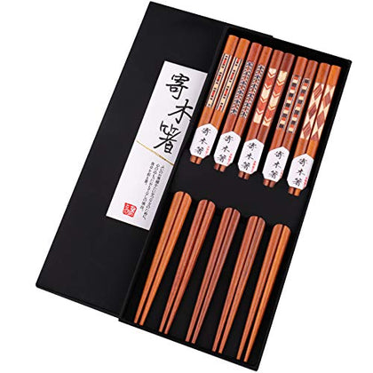 GLAMFIELDS Reusable Chopsticks Japanese Natural Wooden 5 Pairs Classic Style Lightweight Safe Chop Sticks 8.8 Inch/22.5cm Gift Set