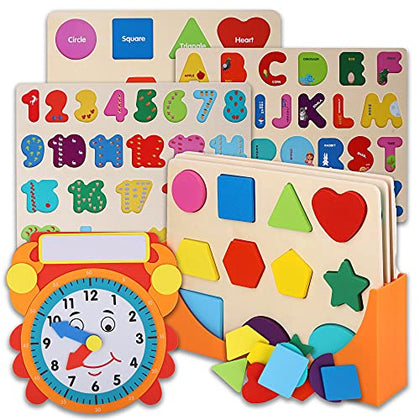 Wooden Puzzles for Toddlers and Rack Set - (3 Pack) Bundle with Storage Holder Rack and Learning Clock - 3 in 1 Kids Educational Preschool Peg Puzzles - Alphabet, Letters, Numbers and Shapes