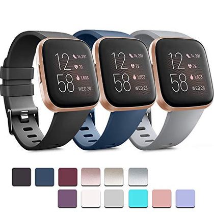 PACK 3 Soft Silicone Bands for Fitbit Versa 2 / Versa/ Versa Lite Classic Adjustable Sport Bands for Women Men Small Large(Without Tracker) (Small, Black+Blue+Grey)