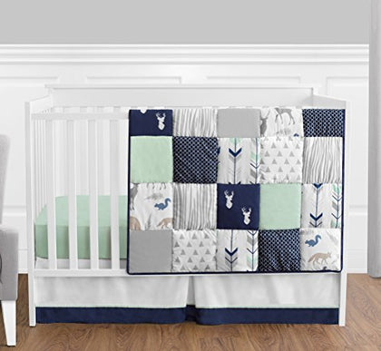 Sweet Jojo Designs Navy Blue, Mint and Grey Woodsy Deer Boys Baby Bedding 4 Piece Crib Set