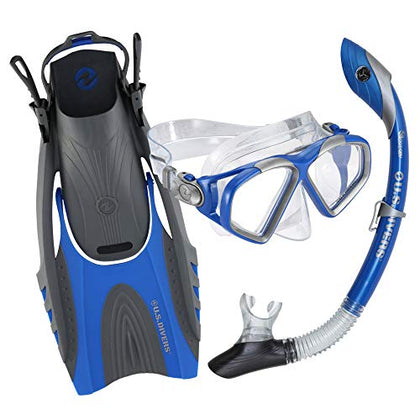 U.S. Divers Adult Cozumel TX Island Dry Snorkeling Combo Set with Adjustable Mask, Snorkel, and Large/XL Fins (Men's 9-13/Women's 10-14), Blue,SR2334001LXL