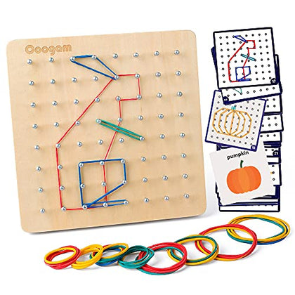 Coogam Wooden Geoboard Mathematical Manipulative Material Array Block Geo Board - Graphical Educational Toys with 30Pcs Pattern Cards and Latex Bands Shape STEM Puzzle Matrix 8x8 Brain Teaser for Kid