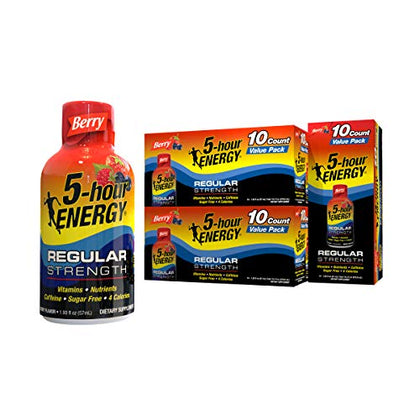 5-Hour ENERGY Shots Regular Strength | Berry Flavor | 1.93 oz. 30 Count | Sugar Free 4 Calories | Amino Acids and Essential B Vitamins | Dietary Supplement | Feel Alert and Energized