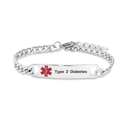 TGLS Red Medical Alert Type 2 Diabetes Bracelet for Women Men Emergency First Aid Health Alert Engraved Adjustable Stainless Steel Chain Bracelets
