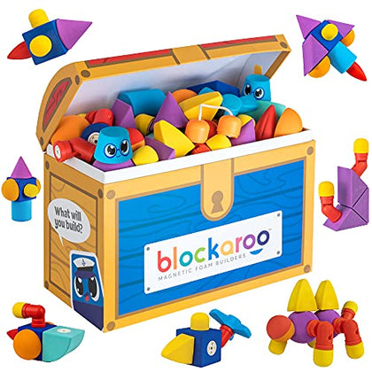 Blockaroo Magnetic Foam Blocks - STEM Preschool Toys for Children, Toddlers, Boys and Girls, The Ultimate Bath Toy - 100 Piece Set with Toy Chest, Bath Building Blocks, Engineering Toys for Kids 3-6
