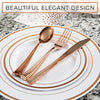 SIRSIMON 250 Piece Disposable Rose Gold Plastic Dinnerware Set - 50 Rose Gold Plastic Plates - 25 Rose Gold Plastic Silverware - 25 RoseGold Cups and Straws - 50 Fancy Napkins, Wedding or Party of 25