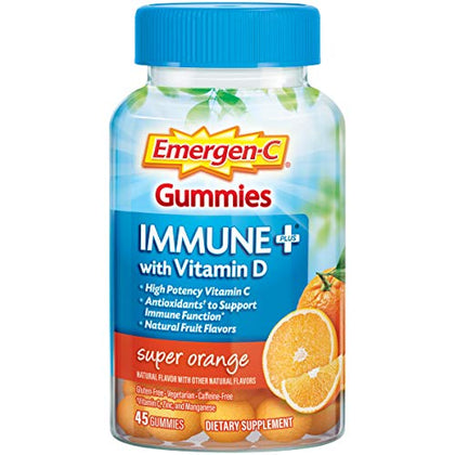 Emergen-C Immune+ Immune Gummies, Vitamin D plus 750 mg Vitamin C, Immune Support Dietary Supplement, Caffeine Free, Gluten Free, Super Orange Flavor - 45 Count