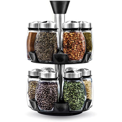 Belwares Revolving Spice Rack Organizer - Spinning Countertop Herb and Spice Organizer with 12 Glass Jar Bottles and Labels (Spices Not Included)
