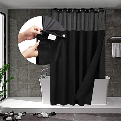 N&Y HOME Waffle Weave Shower Curtain with Snap-in Fabric Liner & 12 Black Hooks Set - Hotel Style, Water-Repellent & Washable, Mesh Top Window - 71x72, Black