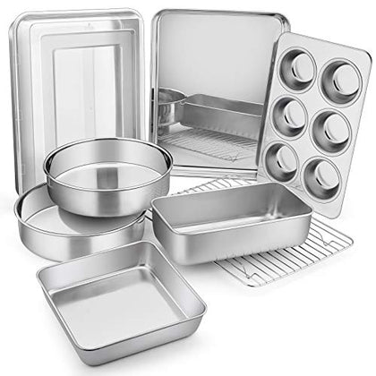 Stainless Steel Bakeware Set, E-far Metal Baking Pan Set of 9, Include Round/Square Cake Pans, Rectangle Baking Pan with Lid, Loaf Pan, Muffin Pan, Cookie Sheet with Rack, Dishwasher Safe