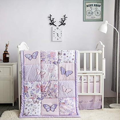 La Premura Crib Bedding Set for Girls - Lilac Butterfly 3 Piece Standard Size Crib Bedding Sets for Baby Girl, Pastel Pink and Purple