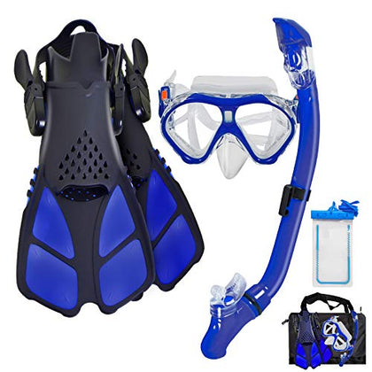 Aisrida Kids Snorkeling Set Children Mask Fin Snorkel Set Snorkeling Gear Snorkel Mask + Adjustable Swimming Kids Flippers+ Dry Snorkel Tube + Travel Bags (Blue)