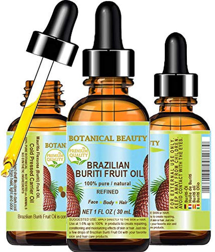 Botanical Beauty Brazilian BURITI FRUIT OIL 100% Pure/Natural/Cold Pressed Carrier Oil/Undiluted. For Face, Body, Hair, Lip and Nail Care. 1 fl.oz-30 ml.