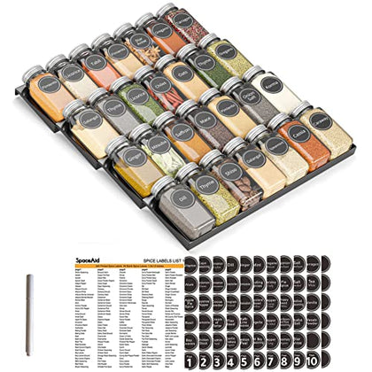 SpaceAid Glass Spice Drawer Organizer with 28 Spice Jars, 386 Labels and Chalk Marker, 4 Tier Seasoning Rack Tray Insert for Kitchen Drawers, 13