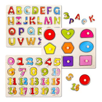 Wooden Puzzles for Toddlers, Wooden Peg ABC Alphabet Number Shape Puzzles Toddler Learning Puzzle Toys for Kids 2-4 Years Old Boys & Girls, 3 in 1 Montessori Early Education Puzzle for Toddlers