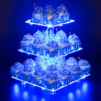 YestBuy 3 Tier Square Cupcake Stand - Premium Cupcake Holder - Acrylic Cupcake Tower Display - Cady Bar Party Décor + LED Light String - Ideal for Weddings, Birthday Parties(Blue Light)