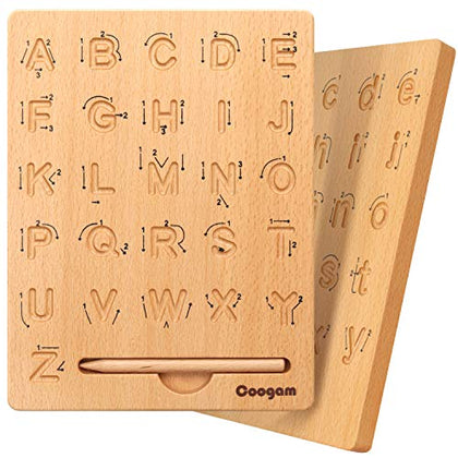 Coogam Wooden Letters Practicing Board, Double-Sided Alphabet Tracing Tool Learning to Write ABC Educational Toy Game Fine Motor Montessori Gift for Preschool 3 4 5 Years Old Kids