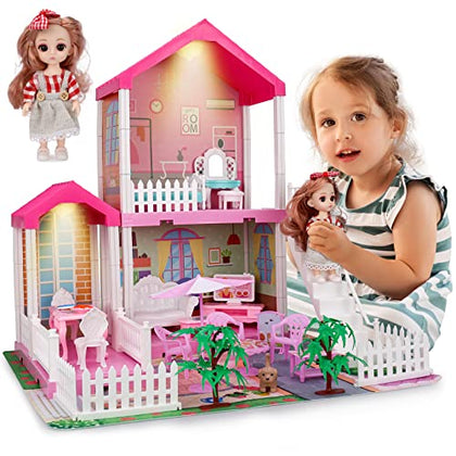 HCFJEH Dollhouse Play House for Girl, Doll House with Lights & Two Dolls & Furniture Accessories, Toddler DIY Princess House Playhouse Pretend Set Toy, Birthday Gift for 3 4 5 6 7 Year Old (3 Room)