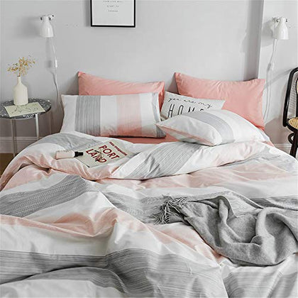 DREAMINGO Twin Pink Gray Stripes Comforter Cover Preppy Bedding 100% Cotton Girls Duvet Cover Modern Aesthetic Bedroom Grey Peach Duvet Cover Sets