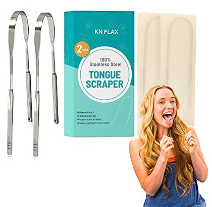 [2 pack] KN FLAX Tongue Scraper [Medical Grade] Reduce Bad Breath Maintains Oral Care 100% BPA Free Metal Tongue Scraper, Tongue Cleaner for Adults and Kids, Easy to Use with Non-Synthetic Handle