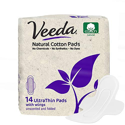 Veeda Ultra-Thin Absorbent Day Pads with 100% Natural Cotton Top Sheet are Always Chlorine and Fragrance Free, Hypoallergenic, Sanitary Napkins, 14 Count
