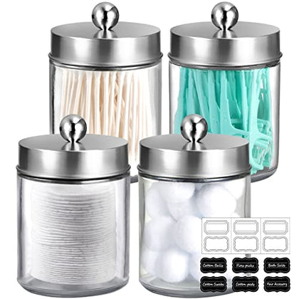 4 Pack Apothecary Jars Bathroom Vanity Storage Organizer Set -Countertop Canister with Stainless Steel Lids &Stickers - Qtip Dispenser Holder for Qtip,Cotton Swab,Makeup Sponge (Brushed Nickel)