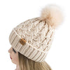 PAGE ONE Womens Winter Ribbed Beanie Crossed Cap Chunky Cable Knit Pompom Soft Warm Hat Beige