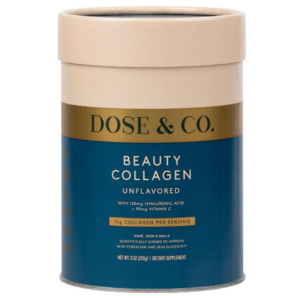 DOSE & CO. Beauty Collagen with Hyaluronic Acid and Vitamin C for Hair, Skin & Nails, Unflavored - 9oz Powder Supplement