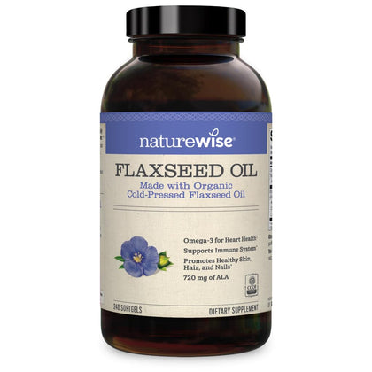NatureWise Organic Flaxseed Oil 1242mg 720mg ALA Highest Potency Flax Oil Omega 3 Non-GMO [4 Months - 240 Softgels]