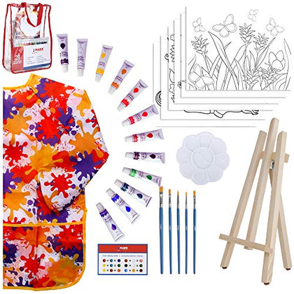 J MARK Pain Set for Kids - Acrylic Kids Painting Kit with Storage Bag, Washable Paints, Easel, Canvases, Brushes and More, Complete Kids Painting Set