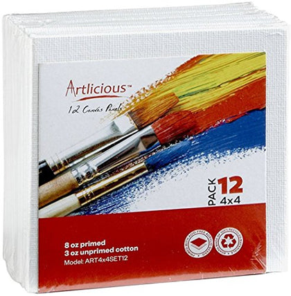 Artlicious Canvases for Painting - Pack of 12, 4 x 4 Inch Blank White Canvas Boards - 100% Cotton Art Panels for Oil, Acrylic & Watercolor Paint