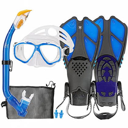 Kids Snorkeling Set with Fins Anti Leak Snorkeling Gear for Kids with Adjustable Flippers, Youth Junior Full Dry Snorkel Set Swimming Goggles with Nose Cover Diving Mask Scuba with Bag, 5-14 Yrs