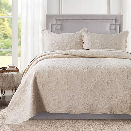 HoneiLife Quilt Set Queen Size - 3 Piece Embroidered Microfiber Bedspread Reversible Coverlet Lightweight Bedcover Paisley Pattern Bedding Set All Season Quilts-Beige
