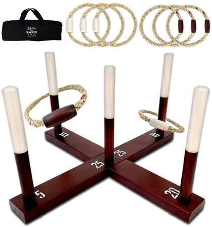 SWOOC Rustic Wood & Rope Outdoor Ring Toss Yard Game - 15+ Games Included - With Wide Grip Handles and Carrying Case - for Kids & Family