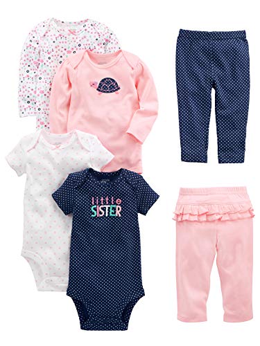 Simple Joys by Carter's Baby Girls' 6-Piece Bodysuits (Short and Long Sleeve) and Pants Set, Multicolor/Dots/Floral/Hearts/Turtle, 3-6 Months