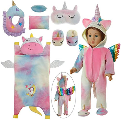 Windolls Girl 18 Inch Doll Sleeping Bag & Clothes Accessories Set - Unicorn Doll Costume with Unicorn Style Sleeping Bag, Eye Masks, Pillow, Slippers - Fits My Life, Generation, Journey Dolls