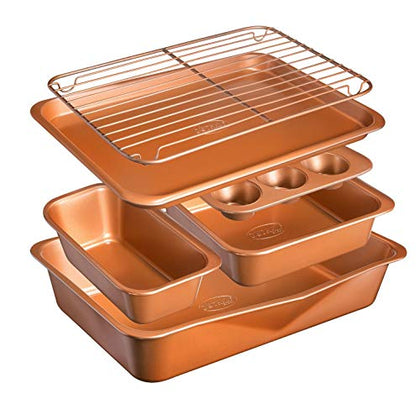 6 Piece Non-Stick Bakeware Set Includes Baking Pans, Cookie Sheet, Loaf Pan, Muffin Tin and more with Premier Ti-Cerama Copper Coating 100% PFOA Free,Graphite