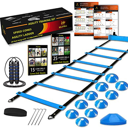 Speed Agility Training Set, Includes 1 Agility Ladder, 4 Steel Stakes, 1 Sports Headband,1 Jump Rope, 10 Disc Cones and Gym Carry Bag - Speed Training Equipment for Soccer Football Basketball (Blue)